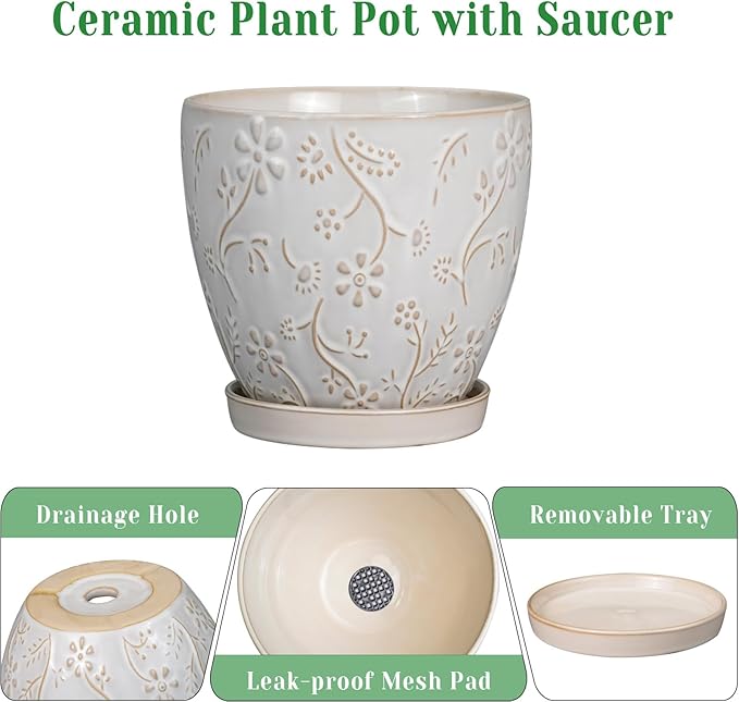 MPotTo 6 Inch Ceramic Plant Pot for Indoor Plants Outdoor Round Planter Flower Pot with Drainage Hole and Saucer for Home Garden Office Decor White