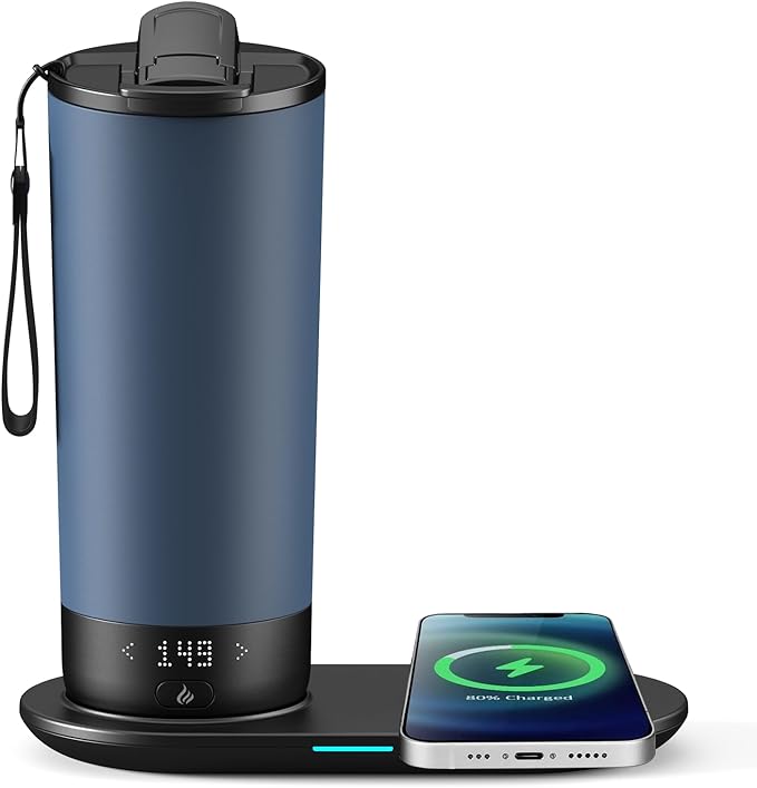 VFZO Temperature Control Heated Travel Mug Smart Self Heating Coffee Mug 20 Oz App Controlled LED Display coffee serving sets mug kept at a constant temperature for 4-10 hours (Slate Blue, 20 oz)