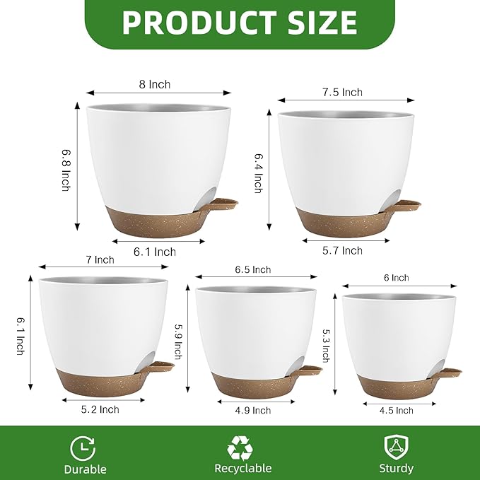 Hylitong Plant Pots 8/7.5/7/6.5/6 Inch Self Watering Pots,5 Pack Planters with Drainage Holes and Saucers,Plastic Flower Pots,Nursery Planters for Indoor Outdoor Plants (White)