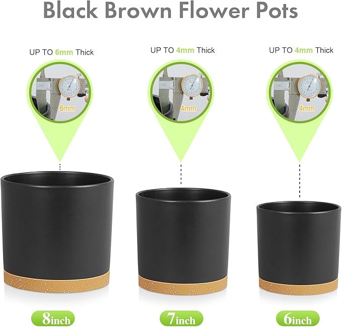 Meowell 8/7/6 inch Flower Pots, 3 Pack Cylinder Plant Pots for Outdoor Indoor Plants, Decorative Plastic Planters with Drainage Holes and Saucers for Garden House Plants, Black with Brown