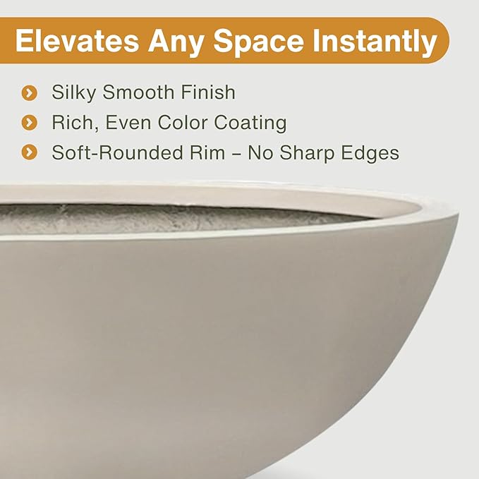 KUTE NEST 7.7" H x 22" D Round Bowl Fiberstone Planter for Succulent and Lotus with Drainage Hole, Smooth Finishes, Weather Resistant, Included 2 Extra Coco Mats (Taupe, 19.9" Pot Opening)