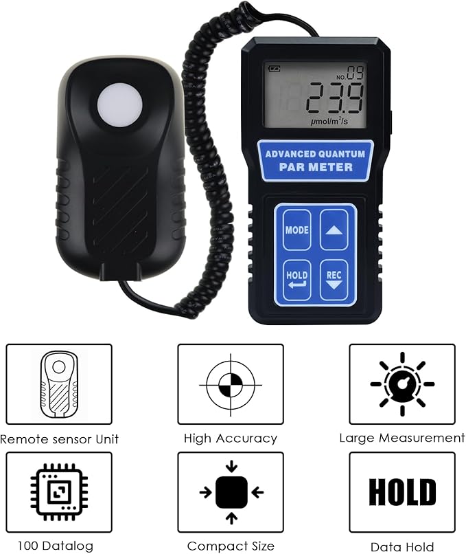 PAR Meter Quantum PAR Meter PPFD Meter for LED Grow Lights (400-700nm), PAR Light Meter with Data Logging for Photosynthesis Light Intensity Indoor Gardening Plant, Aquarium