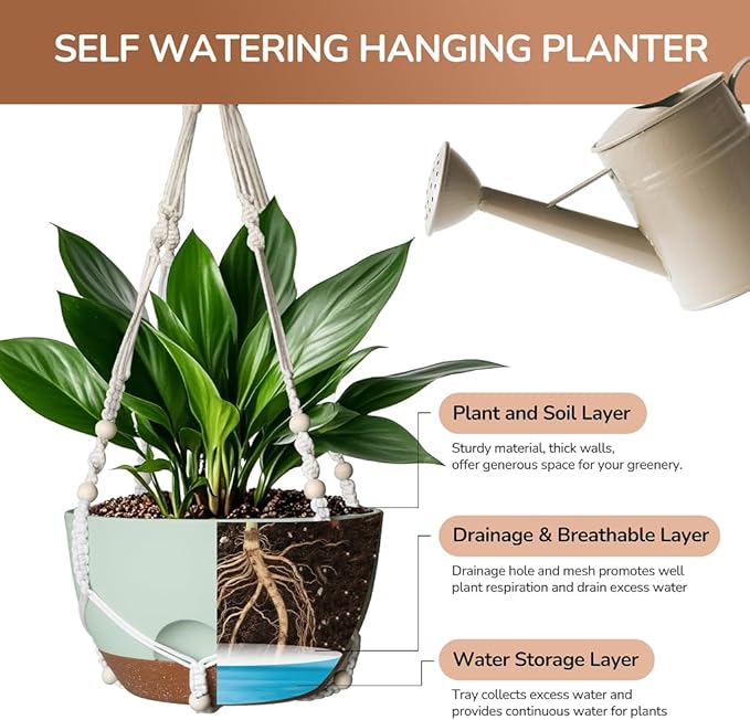 LESOASIS 12 Inch Hanging Baskets for Plants Outdoor, Hanging Planters for Indoor Outdoor Plants, Hanging Planter with Self Watering, Hanging Flower Pots (Green Planter with Macrame + Iron Hangers)
