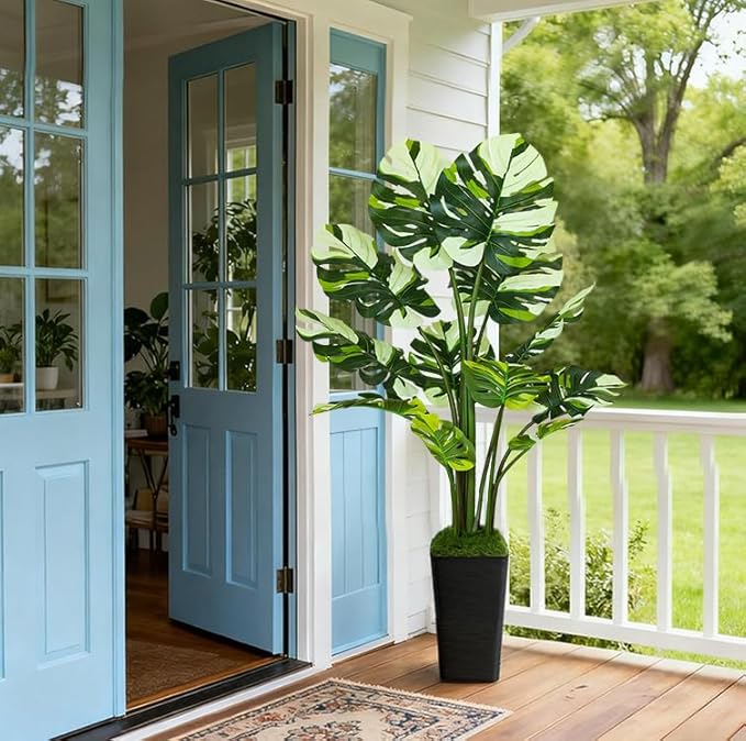 5FT Artificial Monstera Plant with Tall Black Planter and Thread Moss, Realistic Faux Floor Tree with Large White Leaves for Indoor Outdoor Office Porch Living Room Corner Home Decor