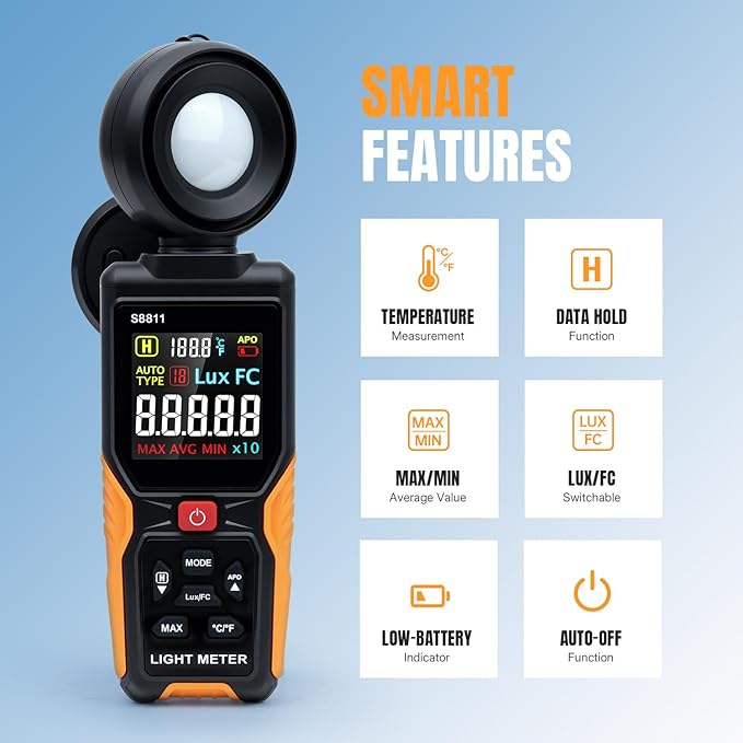 Mcbazel Digital Light Meter with HD Color Screen, 270° Rotatable Head & Fast 8X/s Sampling – High-Precision Illuminance Meter (200,000 Lux/FC) for LED Grow Lights, Plants, Photography & Lumen Testing
