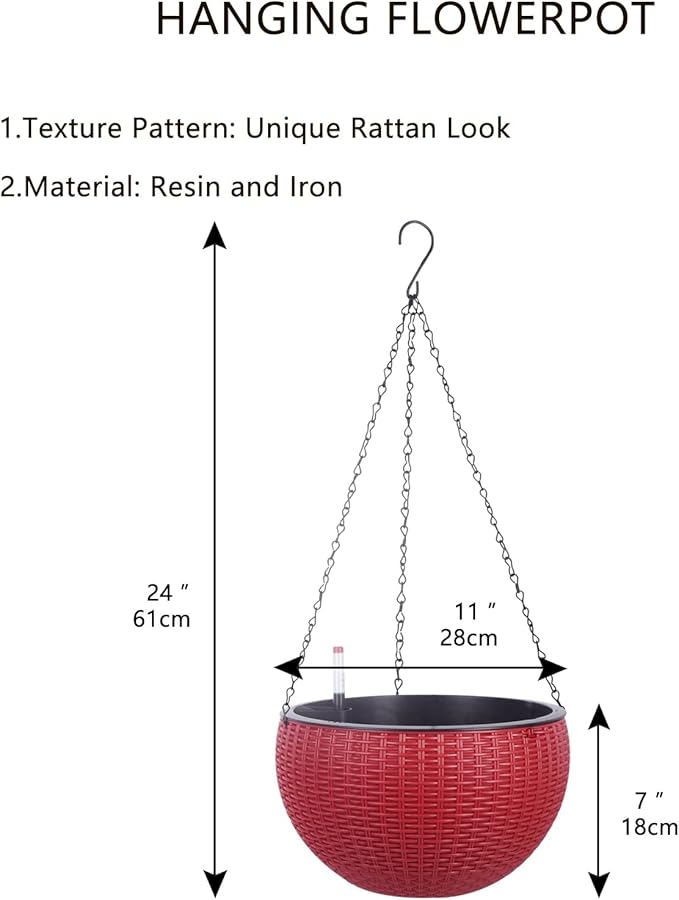 Vencer 11 Inch Round Resin Rattan Hanging Planters,Self Watering Hanging Basket for Indoor Outdoor Plants,Hanging Flower Pots with Drain Hole and Metal Chain,Water Indicator,Red,VF-A15-R