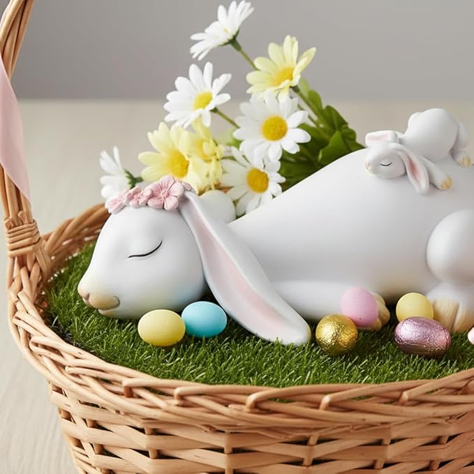 7-inch White Bunny Statue - Resin Mother & Child Rabbit Figurine with Big Heart, Easter Table Decor for Dining Room & Home, Vintage Family Ornament