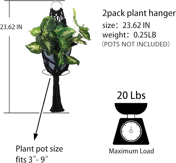 Artilady 2 Pack Black Macrame Plant Hanger Indoor - Large Hanging Planters for Wall Plants Holder Short Hademade Boho Farmhouse Rustic Home Decor (Black Plant Hanger)