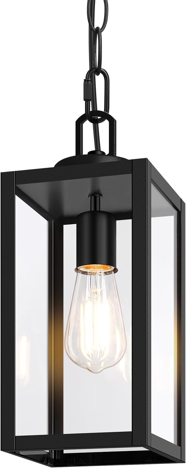 BesLowe 1-Pack Outdoor Pendant Light, 13” Modern Hanging Lantern Light for Outside, Black Exterior Pendant Lighting Fixture with Adjustable Chain, Outdoor Chandelier for Porch, Gazebo, Front Door