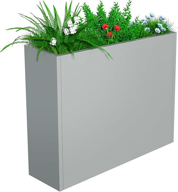 POOAMY Metal Planter, 38L x 10W x 30H, Heavy Duty Tall Planters for Outdoor Plants, Planters with Removable Insert Shelf, Large Planters with Drainage Holes for Porch, Patio and Yard, Grey