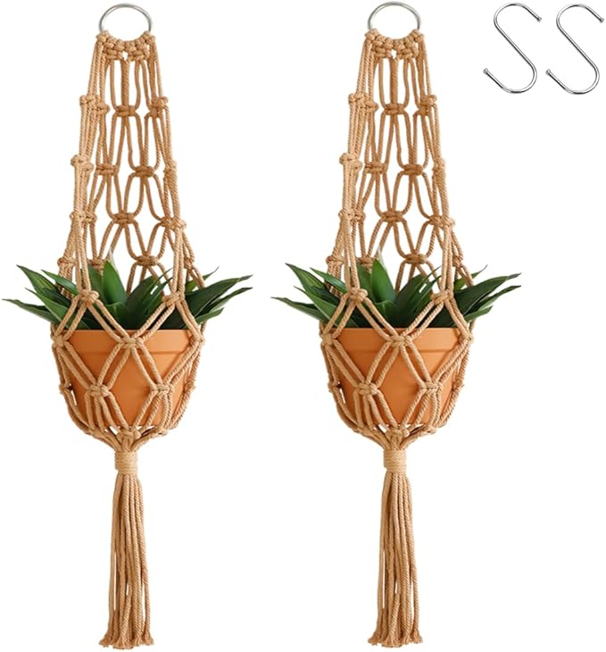 Artilady Hanging Planter for Indoor Plants Macrame Plant Hanger Large Hanging Plant Holder Brown Plants Basket White Rope Boho Original Wall Decor (Brown Plant Hanger)
