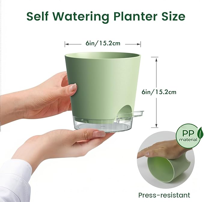 Meowell 6 inch Self Watering Pots for Indoor Outdoor Plants, 3 Pack Flower Plant Pots with Drainage Holes and Clear Reservoirs, Visible Water Level, Plastic Planters with Wicking Rope, Green