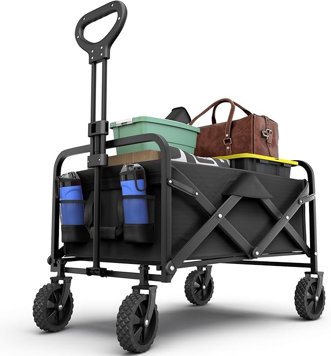 Lifetime Home Collapsible Foldable Heavy Duty Utility Wagon Cart with Larger Capacity - Perfect for Shopping, Sports Events, Grocery, Moving, Camping, Laundry, Beach - Black