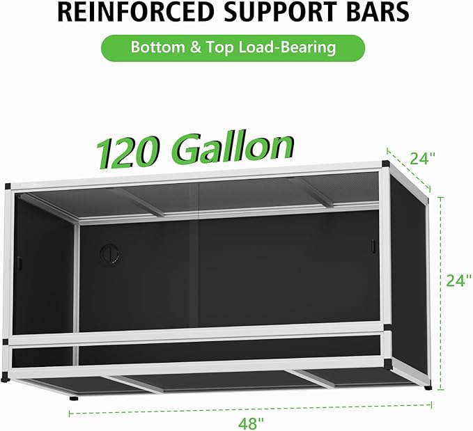 120 Gallon Bearded Dragon PVC Reptile Enclosure, 48 x 24 x 24 Inch Tank with Front Sliding Doors, Top Ventilation, Easy-Clean Large Terrarium