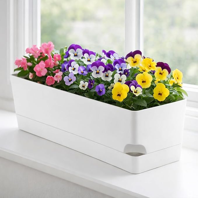 Party Zealot Window Boxes Planters, 5 Pack Self Watering Pots for Indoor Plants 17 Inch Rectangular Planter Rectangle Flower Pots Long Plant Pot Large Window Sill Herb Planter Box, White