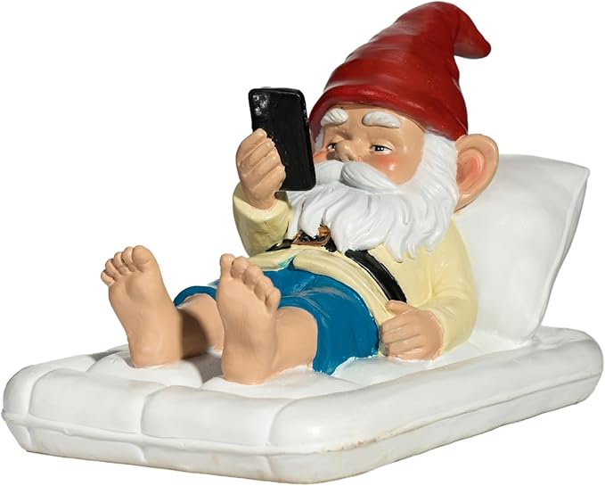 Relaxing Pool Gnome with Smartphone - 5.6" Heavy Resin Garden Statue - Weather-Resistant Funny Lawn Ornament - Summer Patio Decor - Unique Housewarming Gift