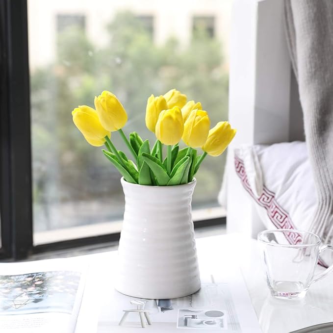 Kisflower 30Pcs Latex Tulips Real Touch Yellow Artificial Flowers Fake Tulips Arrangement Bouquet for Home Office Wedding Decor (Yellow)