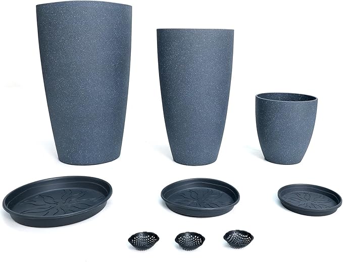 MinCHI257 24/21/11 Inch Tall Planter Pots Garden Plastic Planters - Set of 3 for Indoor & Outdoor Use - Decorative Lightweight Flower Pots (Dark Grey)