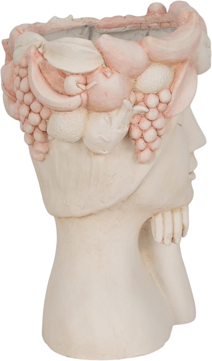 Resin Planter Pots – Decorative Planters for Plants, Indoor Living Room or Covered Patio Placement, Art Face Design Flower Pots for Sculptural Floral Home Decor – 18", White/Pink