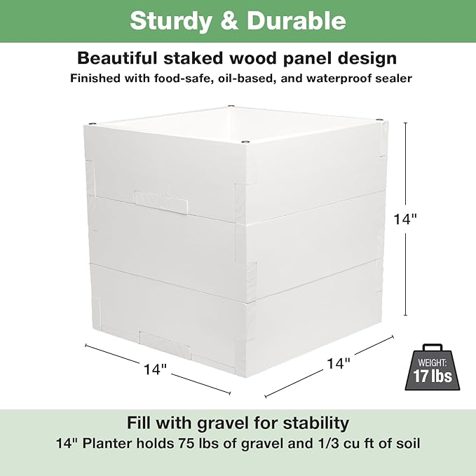 Large Decorative Wooden Planter w/ Universal Pole Support for String Light Poles, Umbrellas, Bird Feeders. Solid Wood Outdoor Garden Patio Box for Plants(Does not include Pole), 14"x14"x14", White