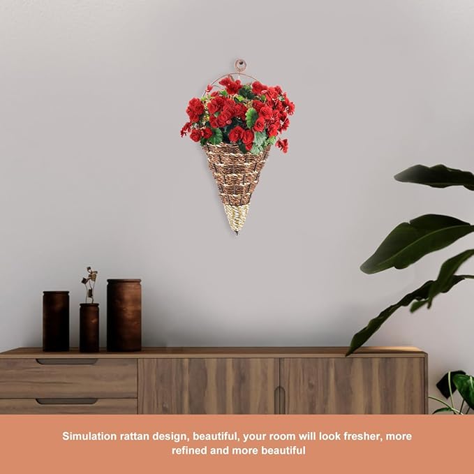 POPETPOP Wall Hanging Flower Pot Rattan Cone Shaped Planter Indoor Wall-Mounted Decorative Basket with Iron Frame Space-Saving Design