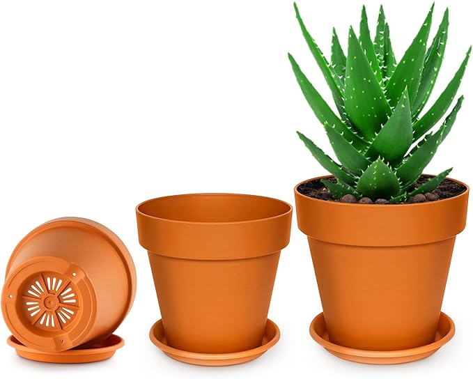 RooTrimmer 3-Pack 8/9/10 Inch Plastic Plant Pots with Saucers – Durable BPA-Free Planters with 21 Drainage Holes, Raised Bottom Breath and Bottom Watering Design for Indoor & Outdoor – Orange