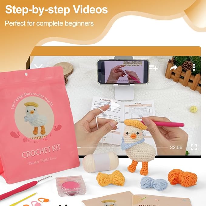 Duck Crochet Kit for Beginners - Complete Amigurumi Starter Set with Step-by-Step Video Tutorials | Easy-to-See Anti-Split Yarn & Pre-Started Magic Loop | Ideal Creative DIY Gift for Adults & Kids