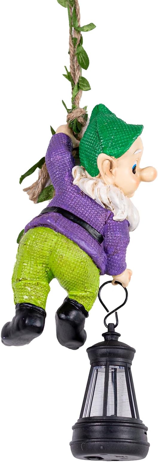 Garden Gnome Solar Lantern Decoration, Outdoor Figurine, Green and Purple, Weather-Resistant Resin