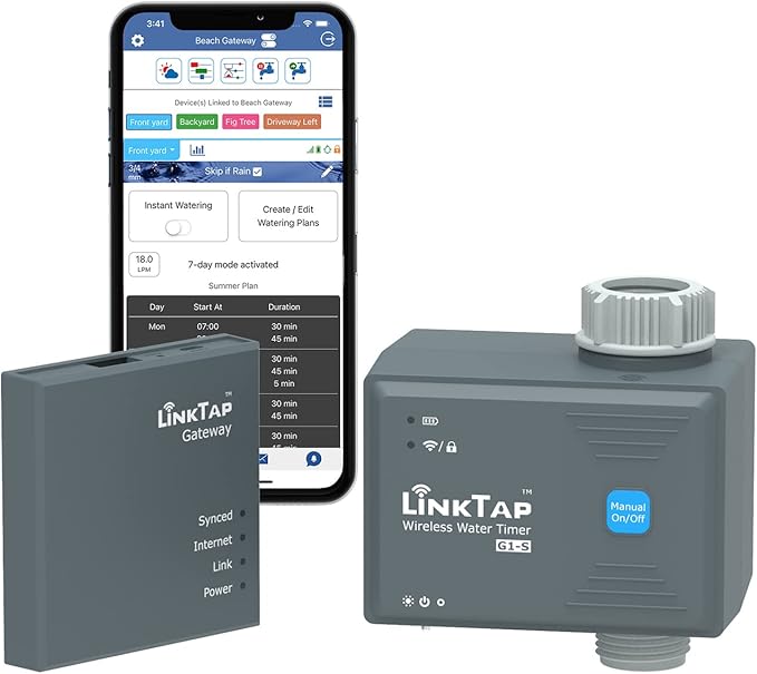 LinkTap G1S Wireless Water Timer & Gateway - Smart Sprinkler Timer with App, Remote Irrigation for Garden, Weather Aware, Greater Range Than WiFi, Anti-Freeze Protection, 2 Year Battery Life, IP66