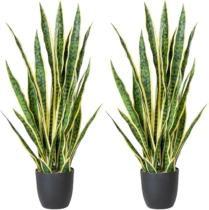 Fake Snake Plant, 27" Fake Potted Plants with Black Pot Realistic Artificial for Home Decor, Low Maintenance No Watering Needed Faux Plants for Desk Corner Office & Pet Areas (2PCS)