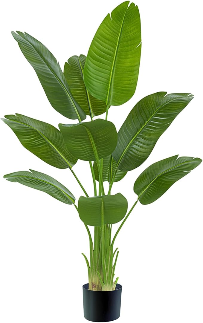 Birds of Paradise Plant Artificial, 5FT Fake Plants Faux Banana Leaf Tree with 10 Banana Leaves, Lifelike Tall Fake Tropical Palm Indoor Silk Floor Plant in Black Pot for House,Office,Room,Home Decor