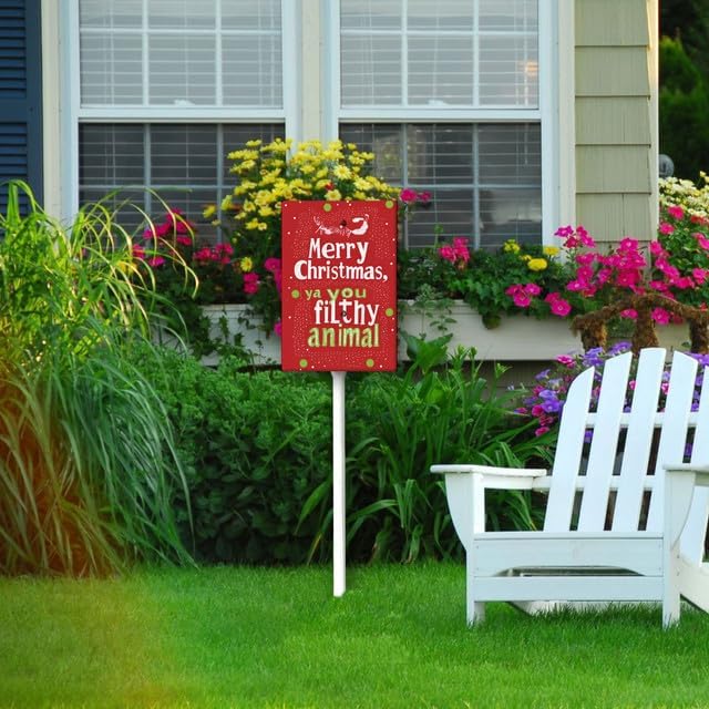 Uptell 7x8.8 Inch Merry Xmas Ya You Filthy Animal Garden Sign Winter House Yard Sign Porch Xmas Holiday Home Decorations Outdoor With Metal Stakes 12.8 Inch