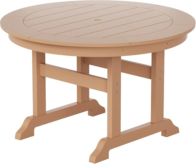 WestinTrends Malibu 5 Piece Adirondack Patio Dining Set, All Weather Poly Lumber Outdoor Table and Chairs Furniture Set, 47" Trestle Round Dining Table and 4 Adirondack Dining Chair, Teak