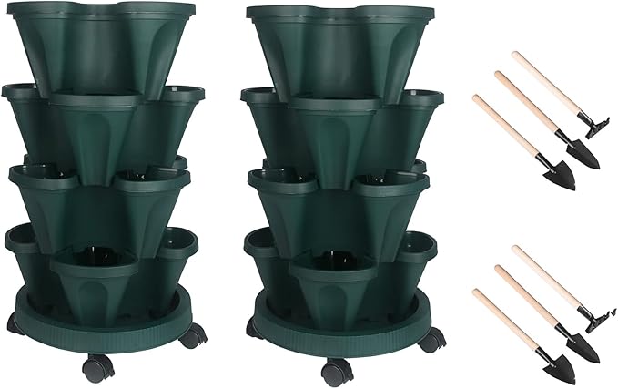 GameXcel Vertical Planter 4 Tier Stackable Planters Garden Planters Strawberry Herb Flower and Vegetable Planter Indoor Outdoor Gardening Pots with Removable Wheels and Tools 2-Pack
