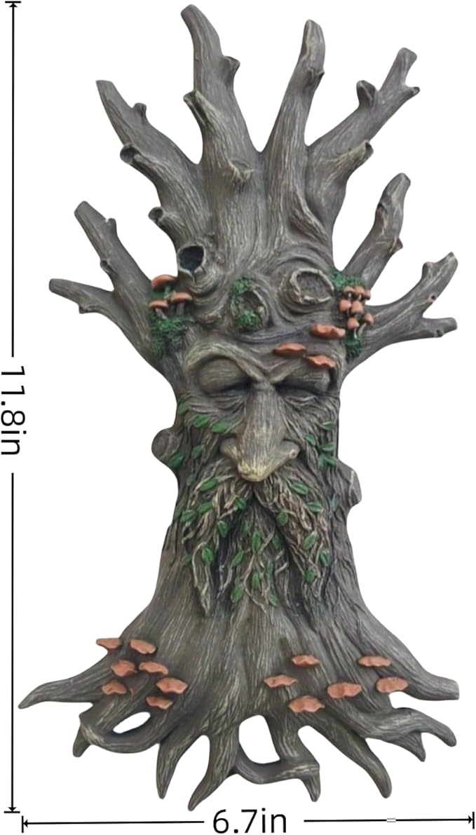 Tree Spirit Garden Sculpture, Super Bowl Party Decor Valentine‘s Day Gift Decorative Tree Face with Mushrooms and Leaves, Outdoor Art Decor.