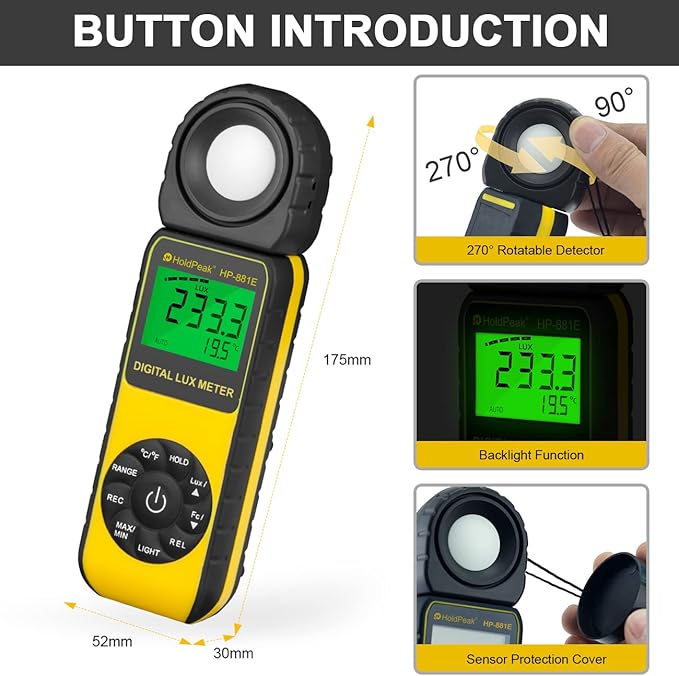 Digital Light Meter (2PCS) - HOLDPEAK 881E Digital Illuminanc/Light Meter with 0.01~300,000 Lux (0.01~30,000 FC) Measuring Ranges and 270° Rotatable Detector for LED Lights and Plants Lumen Meter