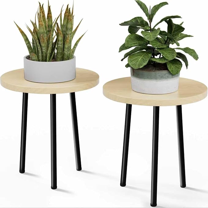 SAKSUN Plant Stand Indoor 14'': Indoor Plant Stand 2 Pack Metal Plant Table - Wood Plant Stool Outdoor Small Round Side End Table Mid Century Modern Decor - Home Decor