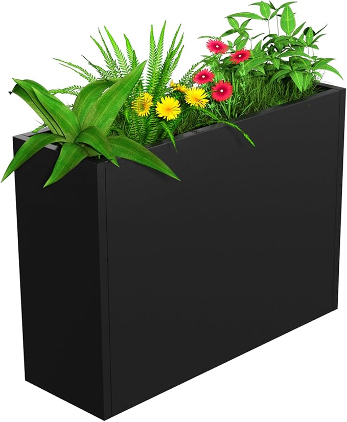 NUWJBYE Tall Metal Planter Box, 36" L x 12" W x 26" H Large Outdoor Planters with Drainage & Adjustable Shelf, Heavy Duty Steel Rectangular Planter for Patio, Balcony, Indoor(Black)