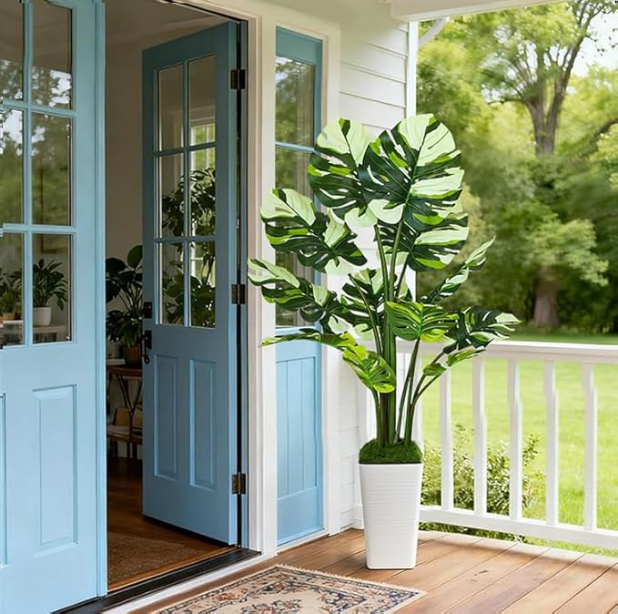 5FT Artificial Monstera Plant with Tall White Planter and Thread Moss, Realistic Faux Floor Tree with Large White Leaves for Indoor Outdoor Office Porch Living Room Corner Home Decor
