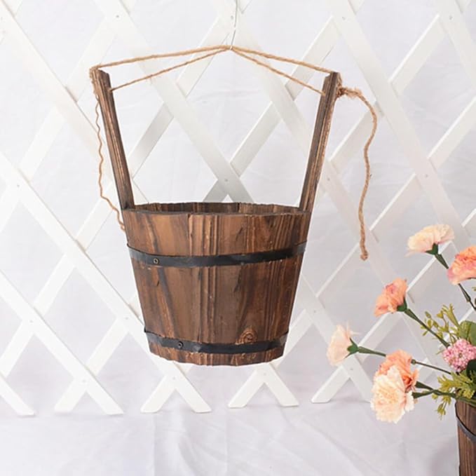 GANAZONO Wooden Bucket,Water Wishing Well Pail Vintage Style Primitive Planter Rustic Flower Planters Pots Container for Garden Home Plants