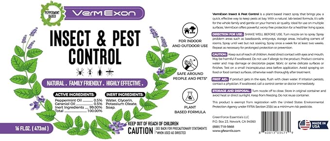 VermExon Peppermint Oil Insect & Pest Control Spray – 16oz Natural Plant-Based Bug Killer for Spiders, Ants, Flies, and Other Insects, Safe for Home & Kitchen Use