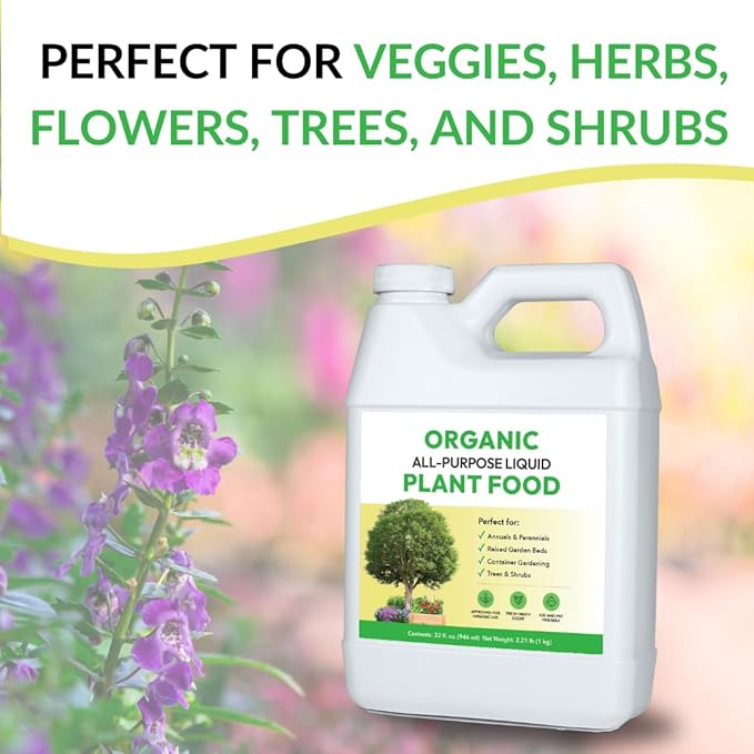 Organic All-Purpose Liquid Plant Food - Use on All Outdoor Plants: Flower Beds, Vegetable Gardens, Container Gardening | Concentrated Liquid Fertilizer Alternative (32oz, Mixes to 32 Gallons)