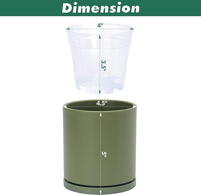 D'vine Dev Double-Layer Planter Set – Rotating Plastic Cachepot with Clear Inner Liner for Root Health, Perfect for Indoor Plants, 4.5", Olive, 73-U-C-1