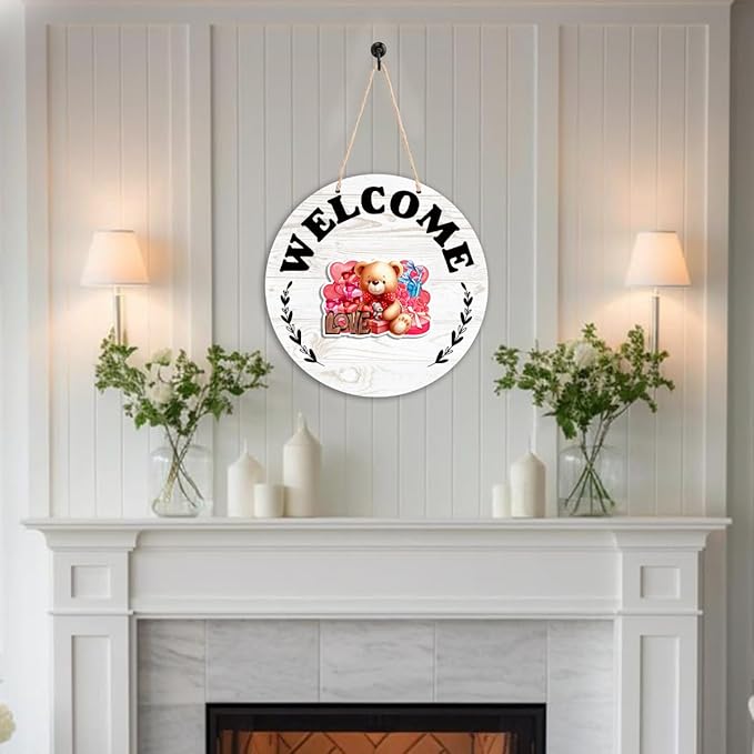 Interchangeable Seasonal Welcome Sign Valentine's Day Front Door Decoration, Rustic Round Wood Wreath Porch Decor, Changeable Welcome Sign for Spring Summer Fall Winter All Seasons Holiday, White