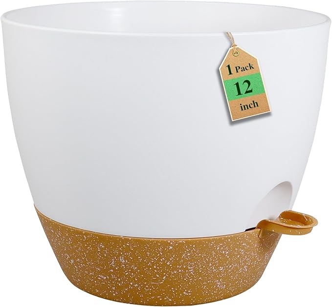 WSMKSZ 12 inch Large Self Watering Pots, Flower Plant Pots with Drainage Holes for Indoor Outdoor Garden Plants, Plastic Planters with Removable Deep Reservoir, White with Brown