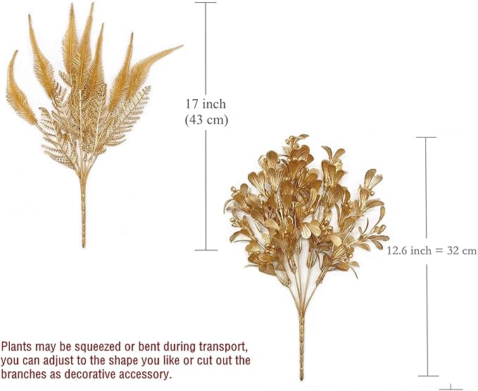 PASYOU Fake Plants Gold Flowers Bouquet Christmas Decoration, Artificial Shrubs Plastic Grass Leaves Indoor Outdoor Home Garden Party Hotel Verandah Wedding Event Faux DIY Table Decor - Golden 4 Pack