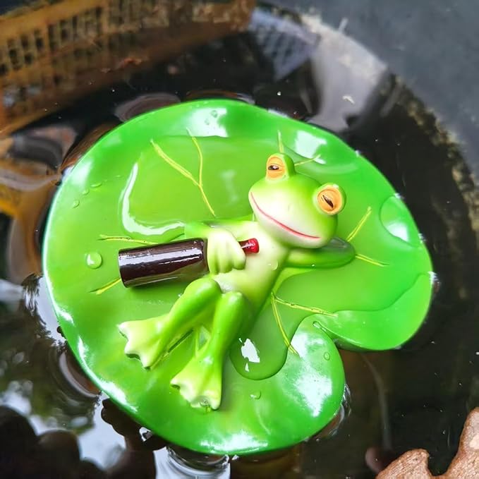 Cute Frog Lotus Leaf Resin Statue Paired with Beer Bottle - Bright Green Outdoor Garden Decoration. Frog Garden Decoration.