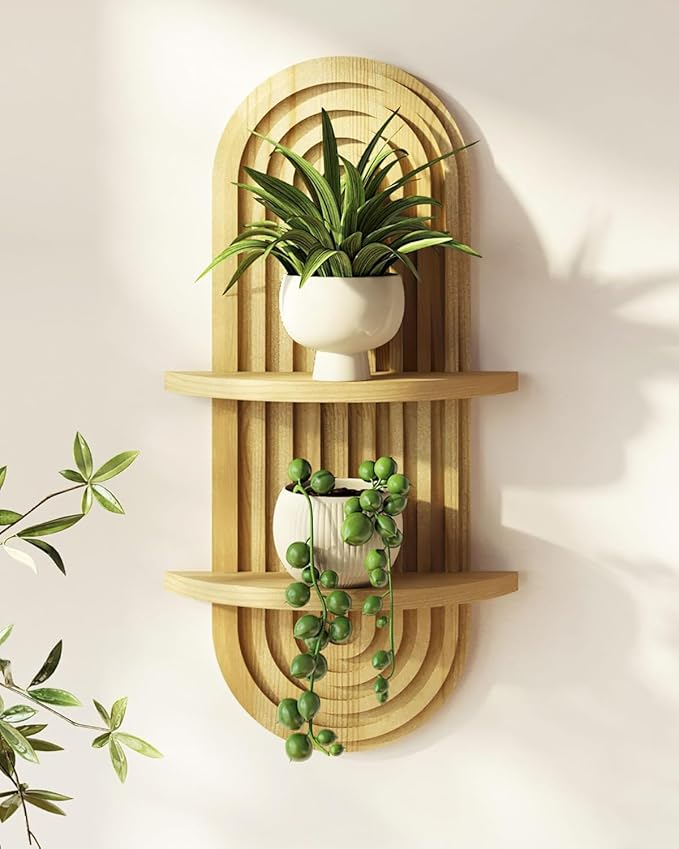 Bamworld Boho Wall Decor Plant Wall Shelf Mid Century Modern Decor Hanging Plant Shelf 2-Tier Wooden Floating Shelves for Home Bathroom Bedroom Living Room Office Holding Planter Decoration Natural