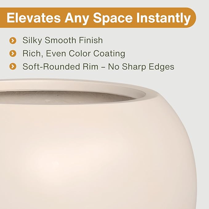 KUTE NEST 16”H x 20”D Globo Fiberstone Round Planter with Drainage Hole, Smooth Finishes, Weather Resistant for Indoor and Outdoor Use, Included 2 Extra Coco Mats (Kilim Beige, 13.5” Pot Opening)