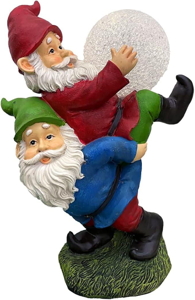 Solar Powered 2 Gnomes Playing with Ball, Decorated Solar Light, Garden Decorations Statues, Resin Garden Figurines (2 Gnomes with a Glass Ball)